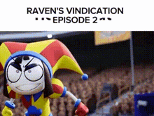 a cartoon character wearing a jester hat is standing in front of a crowd .