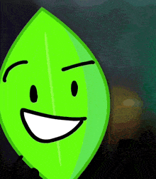 a green leaf with a smiling face and black eyes