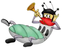 a cartoon drawing of a bug with a red beard playing a horn