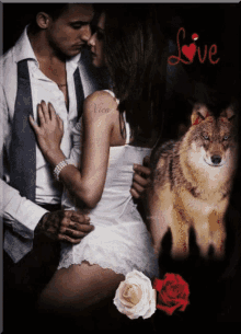 a picture of a man and a woman with a wolf and the word love behind them