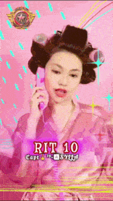 a woman with curlers in her hair talking on a phone with the number 10 on the bottom right