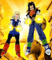 a man and a woman are standing next to each other on top of a yellow ball .