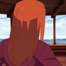 a cartoon drawing of a woman with long red hair and a purple shirt