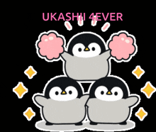 three penguins are stacked on top of each other with the words ukashi 4ever written above them