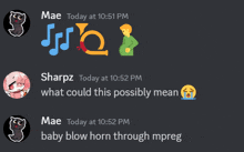 a screenshot of a discord conversation between mae and sharpz at 10:51 pm