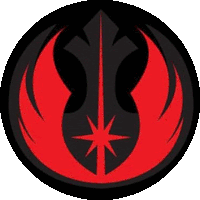 a red and black star wars logo with a sword in the middle .