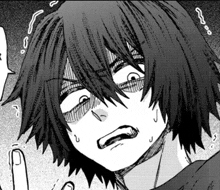 a black and white drawing of a boy with long hair and a surprised look on his face .
