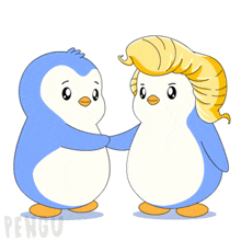 two penguins are hugging each other with the word pengu on the bottom