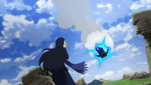 a person in a black hood stands in front of a blue and white object