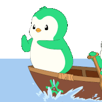 a green penguin is sitting in a boat in the water