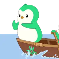 a green penguin is sitting in a boat in the water