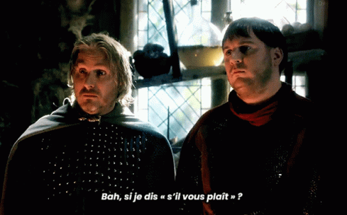 two men standing next to each other with bah si je dis s'il vous plait written on the bottom