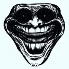 a black and white drawing of a troll face with a big smile and teeth .