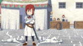 a girl with red hair is standing with her arms crossed and a sword