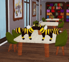 two stuffed bees are standing on a table in a restaurant