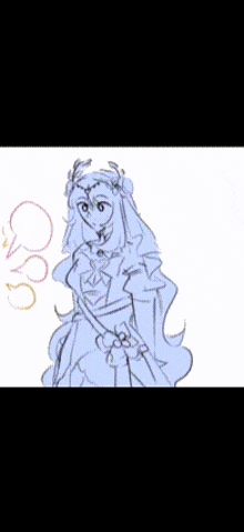a drawing of a girl in a white dress with a crown of flowers on her head