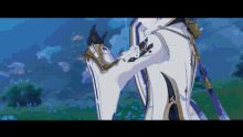 a video game character is standing in a field with a sword .