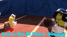 a picture of two stuffed animals on a baseball field with the words you 're out of there donkey