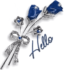 a bouquet of blue flowers with a bow and the word hello