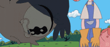 a cartoon of a man wearing overalls and gloves standing next to a bird