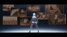 a woman is standing in front of a wall of pictures including one that says ' damaged grace ' on it