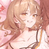 a close up of a brown haired anime girl with a cat ear and a bra .