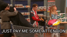 a man pushing a shopping cart with a sign that says breakfast cereal