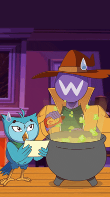 a cartoon character with the letter w on his head is standing next to an owl