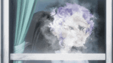 smoke coming out of a window with a blue curtain