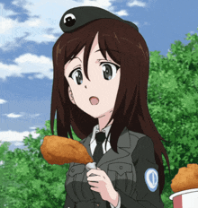 a girl in a military uniform is holding a fried chicken leg