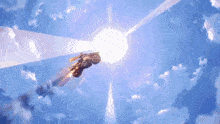 a motorcycle is flying through the air with the sun shining through the clouds .