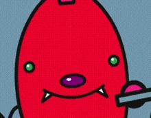 a red cartoon character with green eyes and a purple mouth
