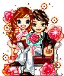a pixel art of a bride and groom sitting on a chair surrounded by flowers .