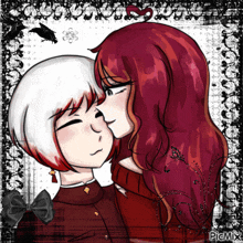 a drawing of a girl kissing another girl with a picmix watermark