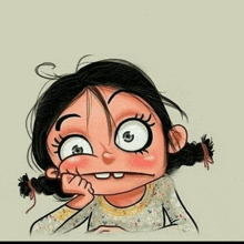 a cartoon girl with pigtails is making a funny face with her hand on her chin