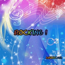 the word rocking is on a colorful background with music notes