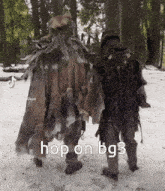 two people standing in the snow with the caption hop on bg3 on the bottom