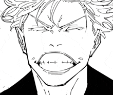 a black and white drawing of a man 's face with a stitched mouth