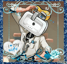 a cartoon of a man with a sink on his head with a heart that says i love my wife