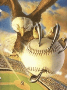an eagle is holding a baseball with its claws