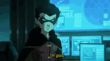 a cartoon of robin saying i 'm good in front of a monitor