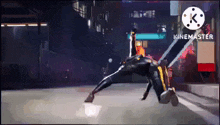 a person in a superhero costume is doing a trick on the ground in a video game .