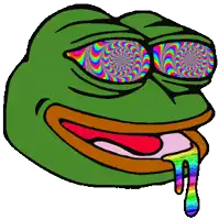 a green frog with a rainbow colored eye and a rainbow colored tongue