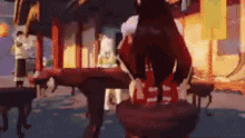 a person is standing on a table in a video game with a red shirt on .