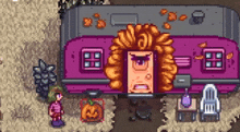 a girl is standing in front of a purple trailer with a pumpkin on the ground .