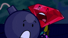 a bomb and a red diamond are standing next to each other in a cartoon .