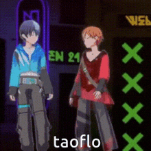 two anime characters are standing next to each other in front of a neon sign and talking .