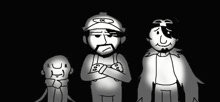 a group of cartoon characters are standing next to each other in a dark room .