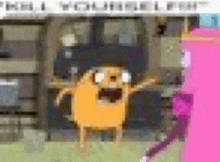 a cartoon character is standing in front of a building and waving his hand .