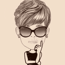a woman wearing sunglasses has a question mark in a speech bubble above her head .